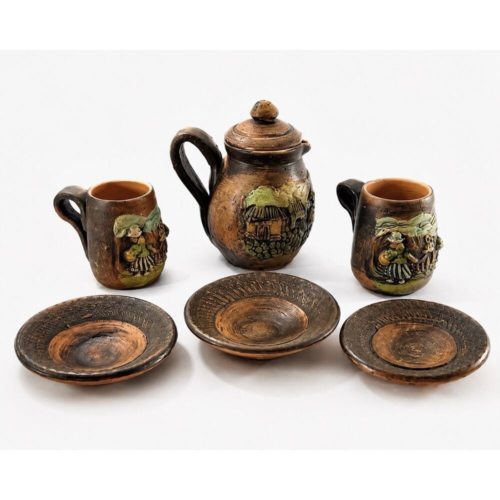 Handmade Folk Art Pottery Tea Set 6 Pc Rustic Terracotta Cups Jug Plates Relief